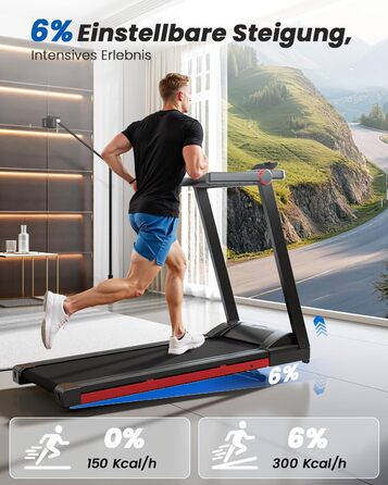 Бігова доріжка для дому 16 км/год, Walking Pad з нахилом 6%, бігове полотно 158 кг, велика площа бігу 112 * 42 см, тихе бігове полотно для дому та офісу, чорно-червоне