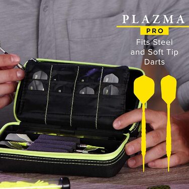 Casemaster Plazma Pro чохол для 6 дротиків (м'які та сталеві), велика передня кишеня для смартфону, зберігання для оперення та наконечників, жовтий