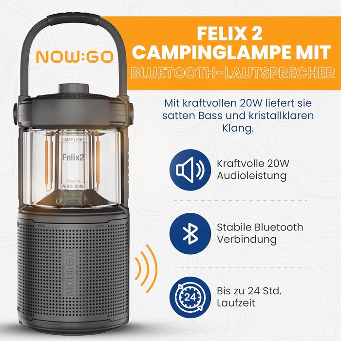 Ліхтар кемпінговий LED Felix 2 з Bluetooth колонкою, акумуляторний, водонепроникний IPX7, 360° освітлення, 20W звук, 24 год роботи, USB, чорний