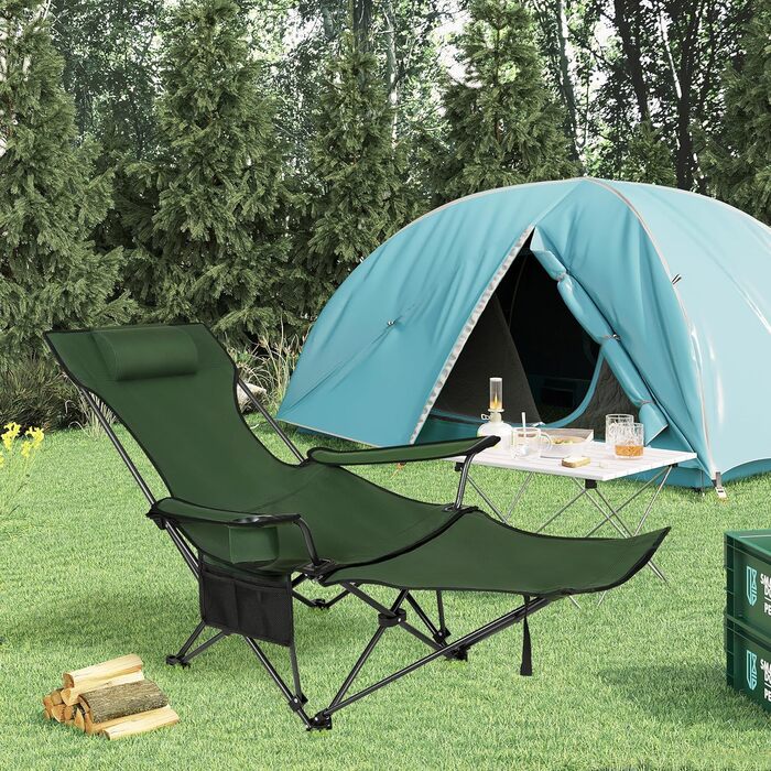 Крісло для кемпінгу Woltu, складне, для риболовлі, легке, з підніжкою та підлокітником, 150 кг, з сумкою, зелене