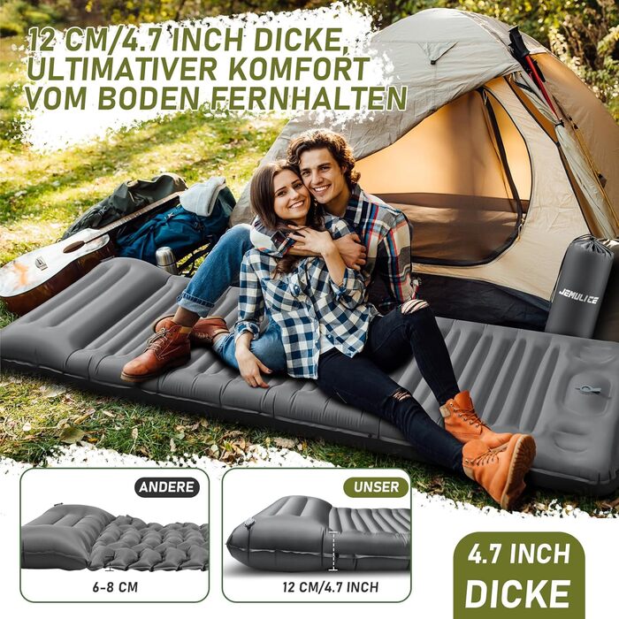 Isomatte Camping 12 см: Надувний килимок для кемпінгу з компактним розміром та насосом, ультралегкий, водонепроникний, анти-ріпстоп для походів та пляжу (сірий)