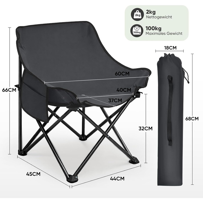 Крісло для кемпінгу складне з сумкою та неслизькими ніжками - ідеальне для риболовлі, відпочинку на пляжі, туризму, саду та балкону (темно-сірий)