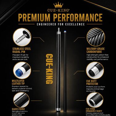Професійний більярдний кий Cue-King Pro Series з карбону для пулу, 147 см, наконечник 12.5 мм, у комплекті з преміум-чохлом