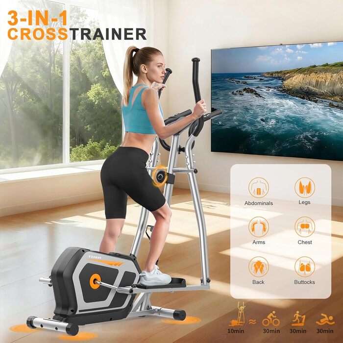Еліптичний тренажер Crosstrainer 3-в-1 з LCD-монітором, 16 рівнів навантаження та 6 кг маховиком (Оранжевий + Срібний)