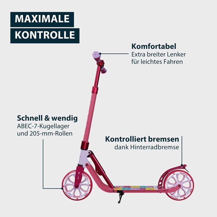 Самокат HUDORA BigWheel 205 Advanced Daydream - до 100 кг, складаний, регульована висота - для дітей, підлітків та дорослих (квіти)