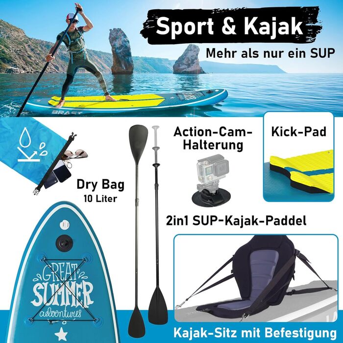 Надувний SUP Board BRAST з LED-підсвічуванням | Комплект для станд-ап паддлінгу | 320x81x15 см | 4 дизайни | LED-підсвічування 10 кольорів | 5 років гарантії | 2в1: весло + сидіння для каяка | Тримач для Action-Cam | Петля для ноги (Summer Petrol)
