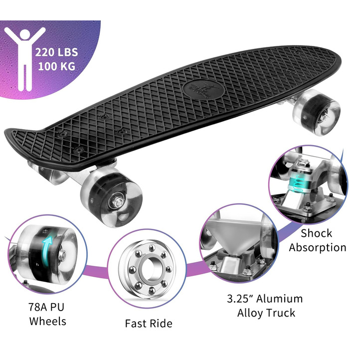 Скейтборд BELEEV 22 дюйми Mini Cruiser з LED колесами та T-інструментом для початківців (Чорний)