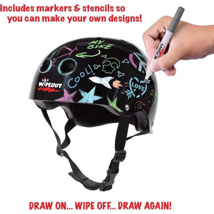 Дитячий велосипедний шолом Wipeout Dry Erase, чорний, для велосипеда, скейта і самоката, індивідуальний дизайн, для дітей від 8 років