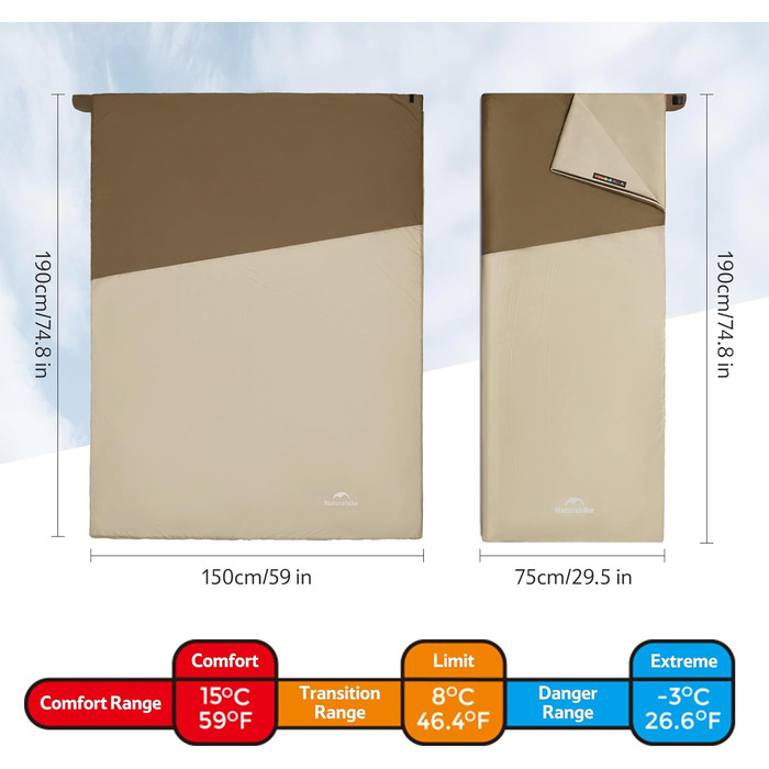 Спальний мішок Naturehike Ultraleicht – ультралегкий, 680/760g, для 3 сезонів, 190x75/205x85cm, для походу, рюкзака, кемпінгу, 15°C (Колір: темно-коричневий/світло-коричневий)