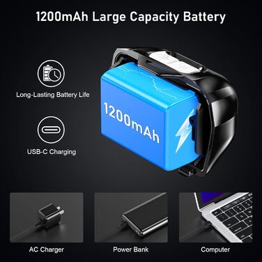 LED налобний ліхтар Blukar, 2 шт., надпотужний, з регулюванням яскравості, 8 режимів, сенсор, червоне світло, IPX5 водонепроникний, кут нахилу регулюється, для бігу, риболовлі - чорний