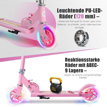 Самокат дитячий Roller Kinder 2 колеса, складаний, рожевий, з LED підсвіткою, регульована висота (3-12 років)