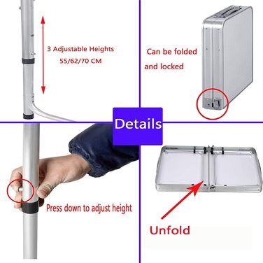 Складаний столик 60 см, портативний, для кемпінгу та пікніків, сад, на вулицю, регульована висота, алюмінієвий каркас, 60 x 45 x 25,9 см (Д x Ш x В)