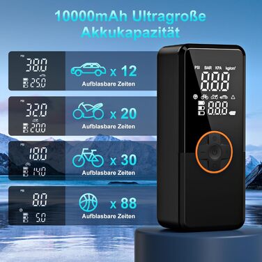 Електричний насос-компресор 150PSI з акумулятором 10000mAh, портативна міні-помпа з манометром і LCD дисплеєм для авто, велосипедів, мотоциклів та м'ячів