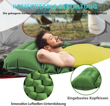 TENQUAN Килимок для кемпінгу самонадувний, 9см, для сну, відпочинку, подорожей, з насосом, для авто, намету, трекінгу, пляжу (Pfauen/Grau) (Grün)