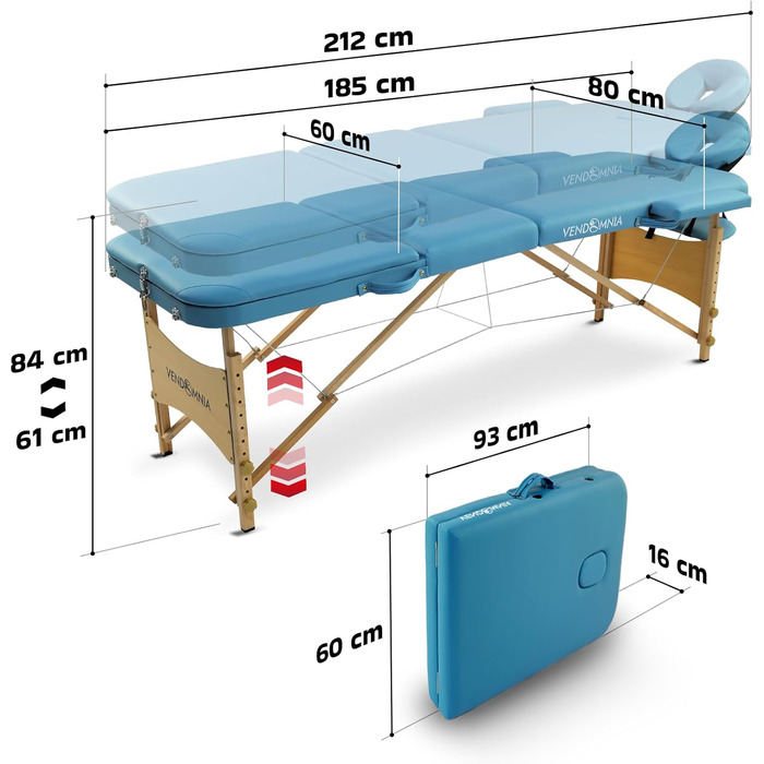 Мобільна масажна ліжка VENDOMNIA з дерев'яними ніжками, 3 зони, регулювання висоти, включаючи високоякісну підголівник, сумка, підлокітники, вибір кольору, складана, масажний стіл, масажне ліжко, ліжко для процедур, 3 зони, дерев'яний каркас, світло-блаки