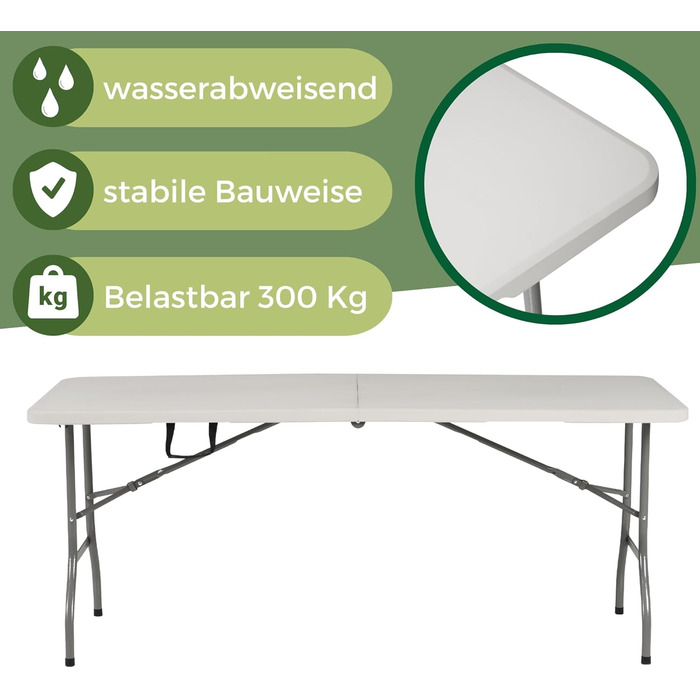 Стіл Albatros Buffettisch Klapptisch з ротангу, 182x75 см – розкладний, міцний, на 10 осіб, для пивного фестивалю з ручкою для перенесення (білий)