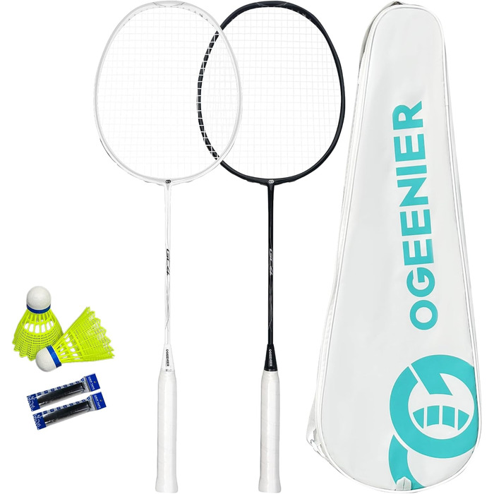 Набір для бадмінтону OGEENIER: 2 ракетки, 2 обмотки, 2 волана, 1 ракетка з сумкою (білий/чорний)