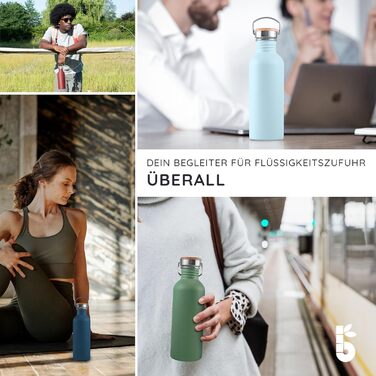 Водяна пляшка Bambaw з нержавіючої сталі 1л | Багаторазова еко-пляшка | Для кемпінгу та походів | Без пластику | Спортивна пляшка, не протікає (750 мл, м'ятний)