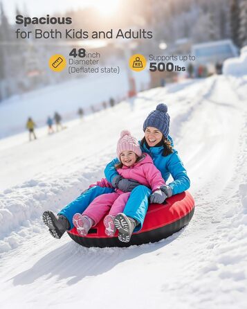Шнек для катання снігом QPAU з канвасом для дітей та дорослих, 48'' Heavy Duty, посилена підошва, зимова розвага на свіжому повітрі, чорний & червоний