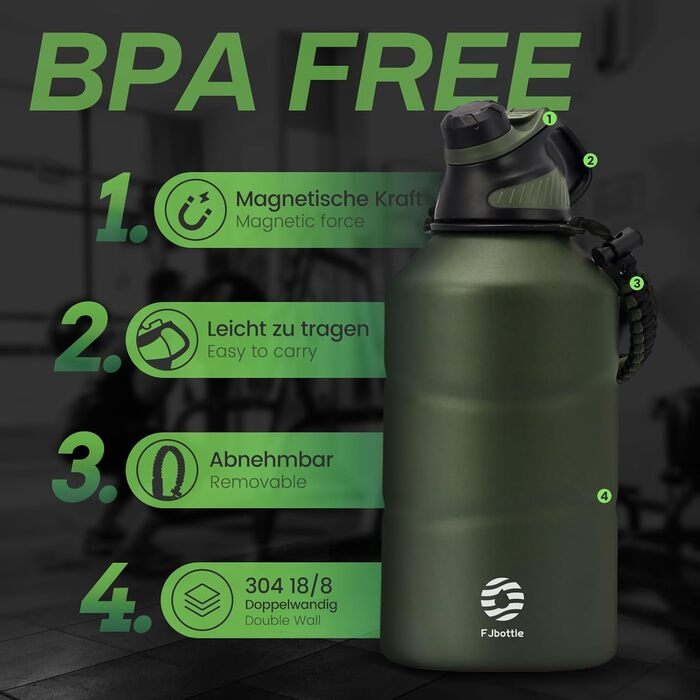 Термос Fjbottle з нержавіючої сталі 1900 мл, магнітна кришка, BPA-free, подвійні стінки, герметичний, підходить для газованої води, спортивна пляшка для води, університет, фітнес, кемпінг, outdoor