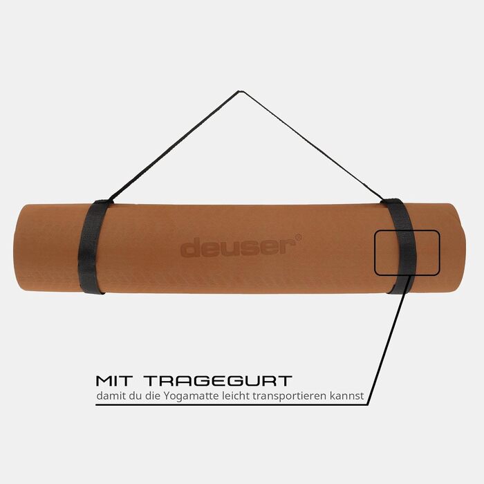 Йога-мат Deuser для спорту та фітнесу, нековзкий, товстий, складаний, унісекс, для дорослих, для йоги, пілатесу, стретчингу, веганський, екологічний, з ременем для перенесення
