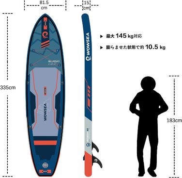 Надувний SUP-борд WOWSEA для SUP-серфінгу, йоги та відпочинку на воді. Розмір 335x81.5x15 см. Кольори: блакитний, помаранчевий