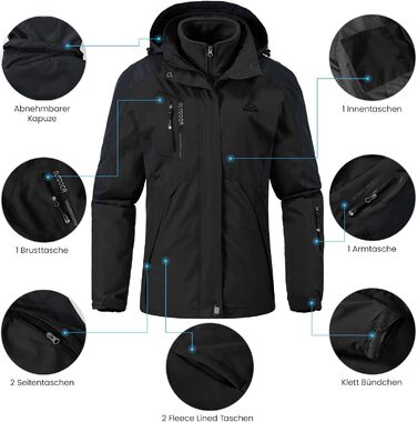 Жіноча куртка 3-в-1 для активного відпочинку: вітро- та водонепроникна з флісовою підкладкою, тепла зимова куртка з капюшоном (Чорний, XXL)