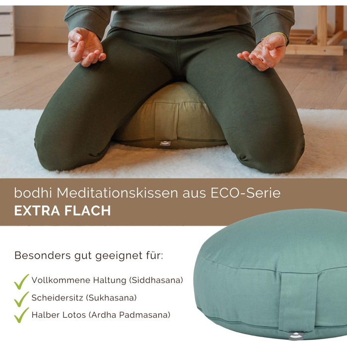 Подушка для медитації Bodhi Rondo ECO extra flat (Мінерально-синій) | Подушка для йоги з органічною начинкою з полби та бавовняним чохлом | Зручна подушка для сидіння 15,5 см