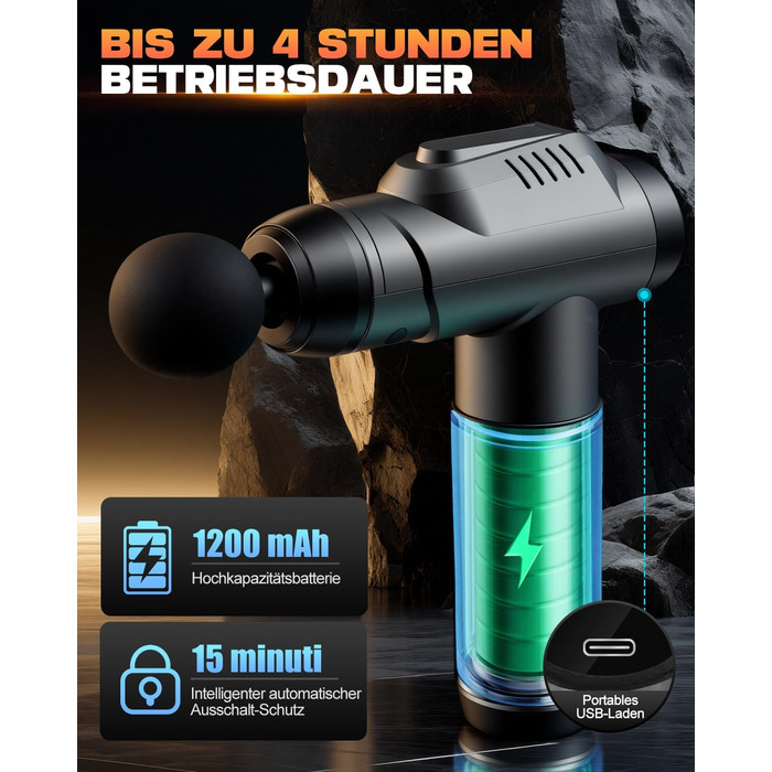 Масажер для м'язів, пістолет для масажу з 99 швидкостями та 8 насадок, до 9800U/min, амплітуда 14 мм, LED-дисплей, 35 dB, для розслаблення спини та плечей, чорний