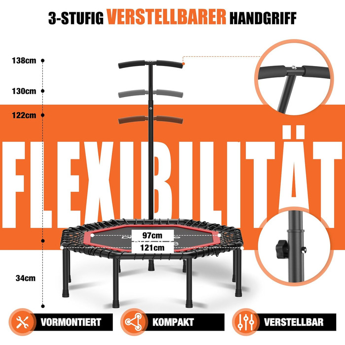 Трамплін для фітнесу DH FitLife, Ø121 см, 150 кг, з регульованими ручками | Для дітей та дорослих