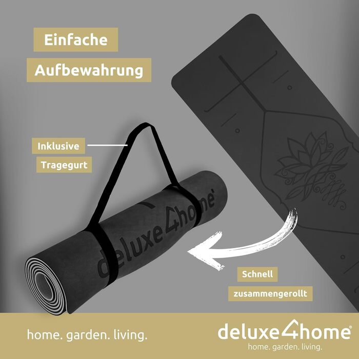 Килимок для йоги та фітнесу deluxe4home, нековзкий, з ременем для перенесення, для пілатесу і тренувань, з лініями вирівнювання, чорний