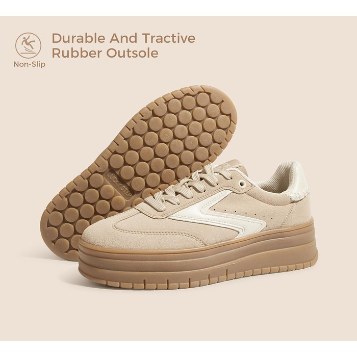 Жіночі туфлі на платформі Lucky Step з гумовою підошвою та замшею - ретро дизайн, товста підошва для тенісу та повсякденного носіння (40 EU, Бежеві)