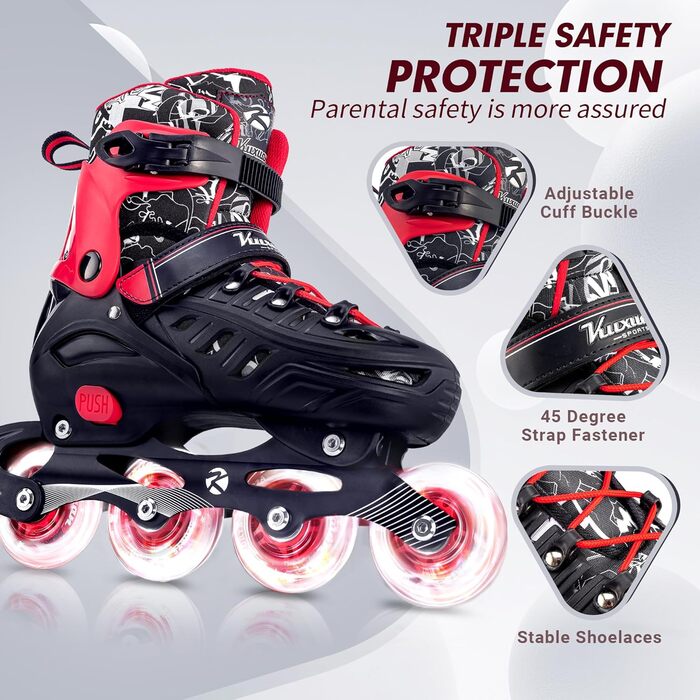 Дитячі ролики Kuxuan з підсвічуванням, регульовані, для дівчаток та хлопчиків, підходять для початківців, розмір EU 31-35 (червоний)