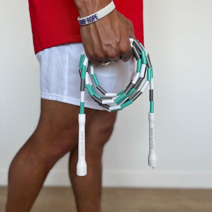 Стрибкове канат Elevate Rope Professionelles Perlen - 3м, регульований, якісні намистини, полісний шнур, для фрістайлу, кардіо та трюків, підходить для всіх рівнів, для використання в приміщенні та на вулиці (білий/бірюзовий/сріблястий)