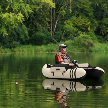 Надувне човен FANTASK для риболовлі з насосом, веслами та ременями, Bellyboat для дорослих, вантажопідйомність 150 кг, 135 x 109 x 54 см (Бежевий)