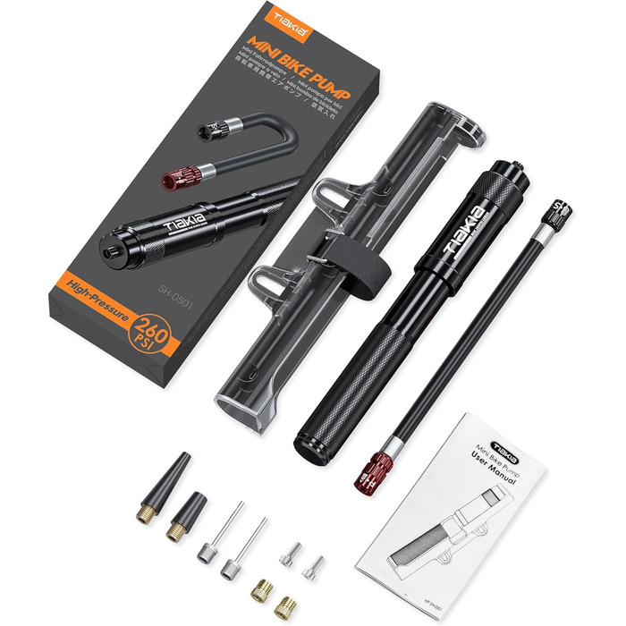 Насос для велосипеда Tiakia Mini 260PSI: компактний ручний насос для Presta, Schrader, Dunlop вентилів. Підходить для BMX, MTB, шосе, електровелосипедів. З кріпленням. Чорний.