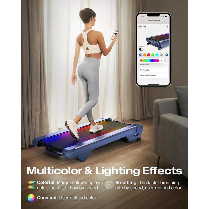Бігова доріжка UREVO Smart Walking Pad з нахилом 14% для дому, підстільна, розширена бігова поверхня, LED-пульт, тиха безщіткова, швидкісне підсвічування, синій колір