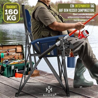 Крісло для кемпінгу KESSER® розкладне, 160 кг | Зручне рибальське крісло з підлокітниками, кишенею для напоїв та світлом | Для відпочинку на природі, пляжі, риболовлі | Navy Blue / Black