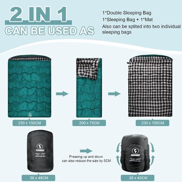 Спальний мішок Baumwolle для 2 осіб, зимовий, водовідштовхувальний, великий (Queen Size), для кемпінгу та подорожей на автодомі (темно-зелений-сірий)