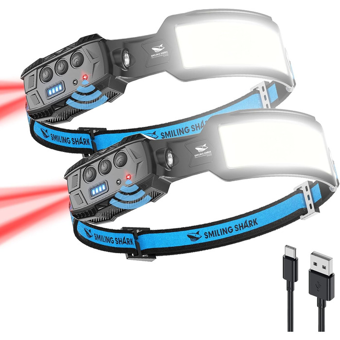 Налобний ліхтар Smiling Shark, 2 шт. LED, 270° освітлення, датчик руху, червоний стоп-сигнал, для кемпінгу, риболовлі, ремонту