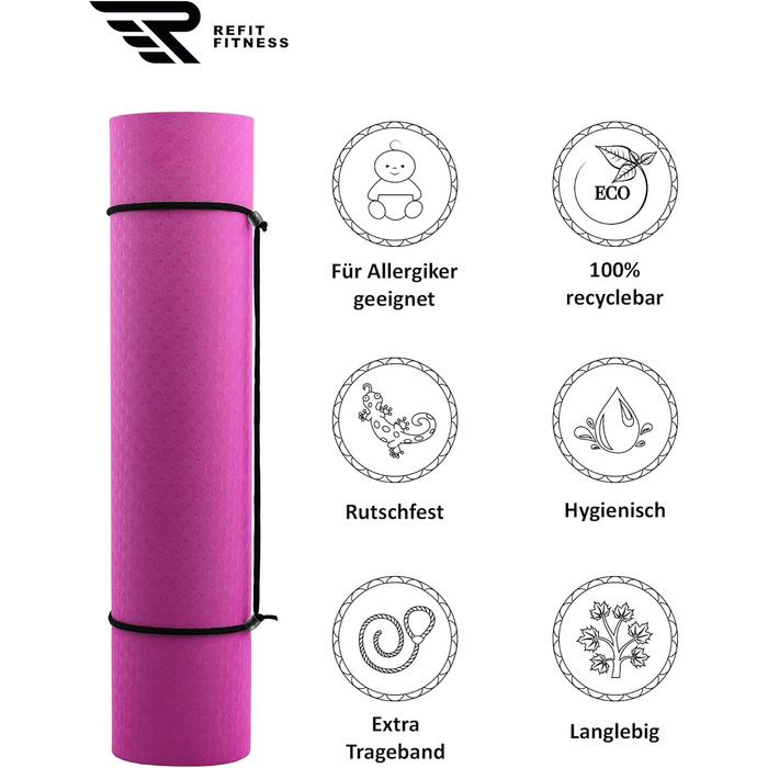 Килимок для йоги REFIT FITNESS Perfect-Fit 190 x 60 x 0,6 см з нековзким покриттям GeckoGrip & Sensi-Plus TPE + ремінь для перенесення. Безпечний, екологічний, для фітнесу та гімнастики. Доступні кольори: рожевий, жовтий