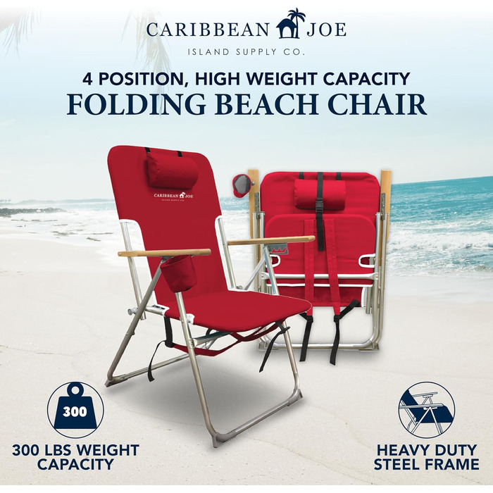 Розкладний пляжний стілець CARIBBEAN JOE з підголівником, підстаканником та дерев'яними підлокітниками, 4 положення нахилу, рюкзаковий тип, червоний