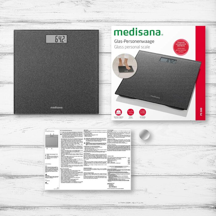 Цифрова вага для людей Medisana PS 500 до 180 кг, скляна вага для ванної кімнати, срібляста, автоматичне ввімкнення 'Step-On', дизайнерський малюнок