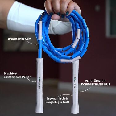 Стрибкове канат Hererope з перлами, регульований, для дорослих та дітей, 3 м, з міцними ручками та безпечними перлами для фітнесу (Блакитний)