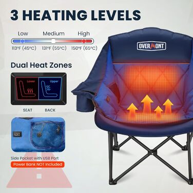 Обідній стілець для кемпінгу OVERMONT з підігрівом XL, розкладний, для відпочинку на природі, риболовлі, блакитний
