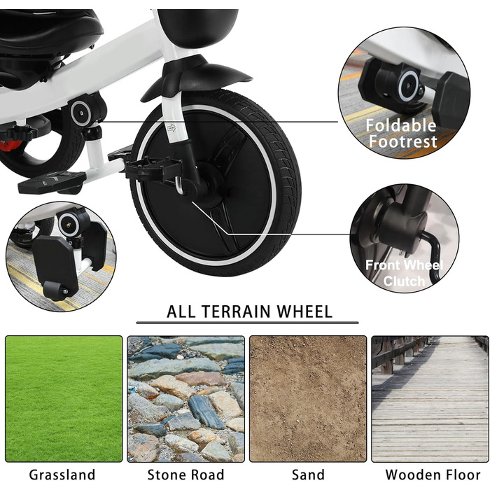 Дитяче тріцикл UBRAVOO 7-в-1: складний, з ліхтарем, гальмом, великим козирком та захисним бампером (білий)