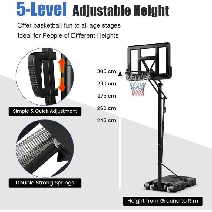 Баскетбольний стенд Komfotteu портативний, регульована висота 245-305 см, вуличний баскетбольний кошик на колесах для молоді та дорослих