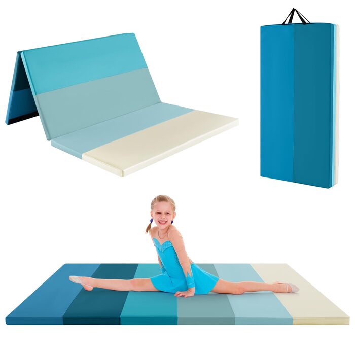 М'який килимок для гімнастики COSTWAY 180x120 см, складаний, з PU, з ручкою, для фітнесу, дітей та дорослих (Синій)