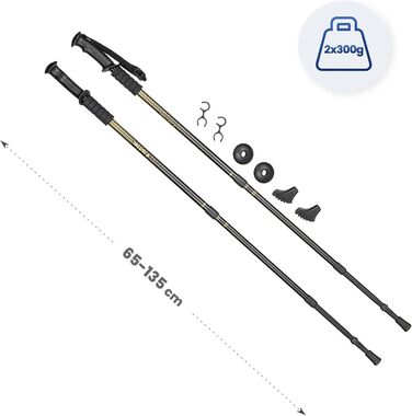 Ультралегкі трекінг-палиці для скандинавської ходьби (Nordic Walking) з гумовими наконечниками, односекційні, 110 або 115 см, чорно-золоті, для жінок та чоловіків