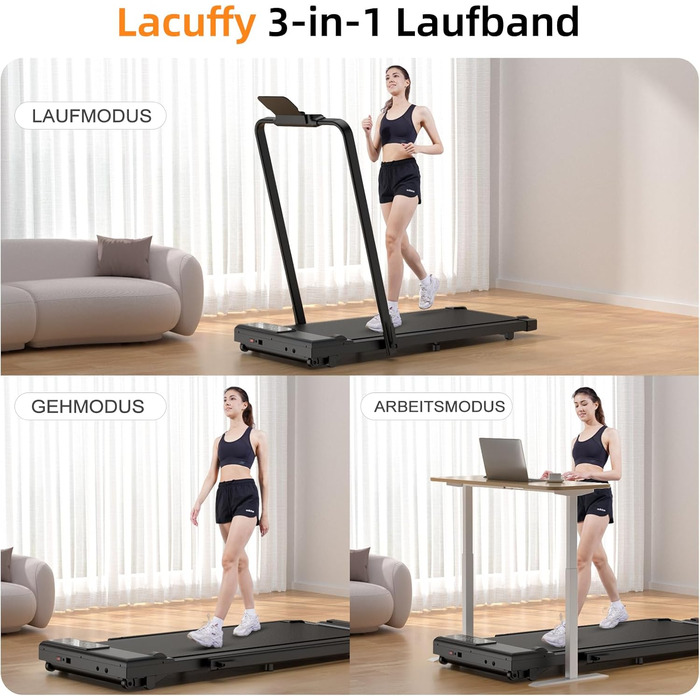 Бігова доріжка Lacuffy Walking Pad для дому, складана, з APP-керуванням, KI-тренуванням, для 136-158 кг, для багатокористувацьких забігів